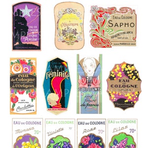 French Perfume Cologne Labels, Digital Sheet, 9 Labels, Vintage Floral French Label, Paris France Elegant Victorian Collage Clip