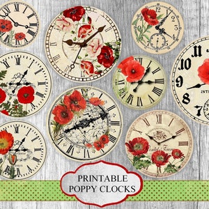 Poppies Clocks, Junk Journal Kit, Tags, Ephemera, Printable poppy wildflowers, Digital Kit, Card Circle, Scrapbook, Download