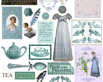 Digital Collage Sheet Jane Austen Pride and Prejudice Jane Eyre Images Blue Instant Download, PNG Included Ephemera scrapbooking journaling