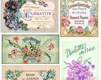 Digital Collage Sheet French Perfume Cologne Labels, 7 Labels, Vintage Floral French Label, Victorian Collage Clip ephemera