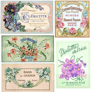 Digital Collage Sheet French Perfume Cologne Labels, 7 Labels, Vintage Floral French Label, Victorian Collage Clip ephemera