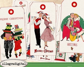 May include: Ten printable Christmas gift tags featuring vintage illustrations of couples celebrating Christmas. The tags are white with red borders and red circles at the top for string.