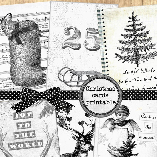 Black white Christmas, Card, Junk Journal Ephemera, Tag, Christmas Tags, Gift Tag, December Daily, Printable, Allegradigital