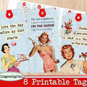 Funny Ladies Tags printable gift tags hang tags journaling journal scrapbooking sarcastic women diet women retro 50's digital collage sheet