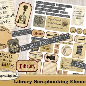 Library Scrapbooking Elements Printable Scrapbooking junk journal library book embellishments ephemera digital download sheet image 1