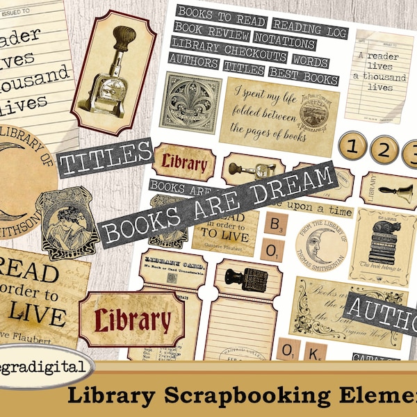 Library Scrapbooking Elements Printable Scrapbooking junk journal library book embellishments ephemera digital download sheet