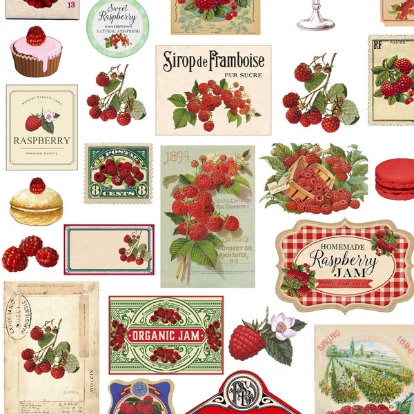 Vintage raspberry ephemera raspberry cliparts, PNG, junk journal raspberry Decor Clipart Farmhouse, raspberry Label Jam instant download