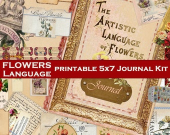 Könnte beinhalten: Ein druckbares Journal-Set mit floralem Thema. Das Set enthält Bilder von Blumen, einen Journal-Umschlag und Text mit der Aufschrift "The Artistic Language of Flowers".