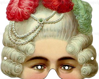 Marie Antoinette Half Mask Victorian Antique Paper Toy Printable Digital Mask Download, Carnival Mask Party New year's PartySupply.