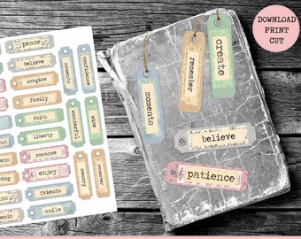Diario de recortes, kit, etiquetas de palabras, diario de recortes, adornos, efímeros, palabras digitales, imprimible, descarga digital, etiquetas pequeñas para scrapbooking