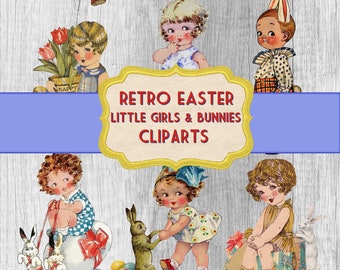 Retro påskharar och flickor Dolly Dingles Clipart – Vintage påsk Ephemera, utskrivbar PNG och JPG för scrapbooking och Cricut
