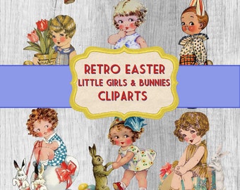 Retro Easter bunnies and girls cliparts Vintage easter PNG ephemera  Easter printables easter holiday digital collage sheet Allegradigital