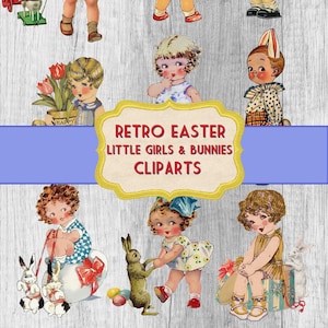 Retro Easter Bunnies and Girls Dolly Dingles Clipart – Vintage Easter Ephemera, Printable PNG & JPG for Scrapbooking and Cricut