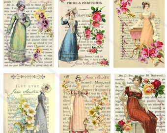Jane Austen Collage Sheet Printable Ephemera, Digital Tags, Print at Home Jane Austen journal cards Jane Austen Ephemera Pride and Prejudice