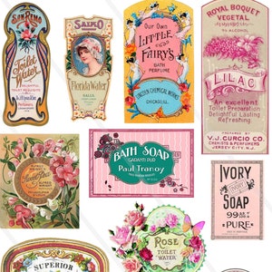 Folha de colagem digital Parfum 3, rótulos de perfumes e sabonetes vintage, scrapbooking, coleção de perfumes efêmeros