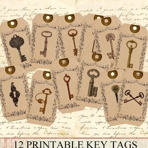 12 étiquettes à imprimer ornées de clé vintage, images digitales, collage digital, étiquette vintage clé scrapbooking