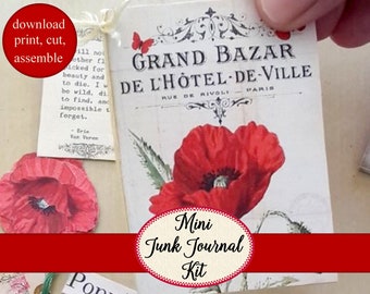 May include: A printable kit for a mini junk journal. The kit includes a vintage-style image of a poppy flower with the text "Grand Bazar De L'Hotel-De-Ville Rue De Rivoli Paris" and the words "Mini Junk Journal Kit".