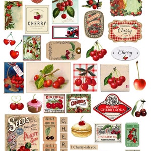 Cherry Digital Collage Sheet vintage fruits Clip artand ephemera PNG Included Cherry junk journal and scrapbooking