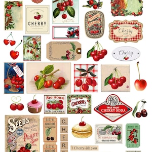 Cherry Digital Collage Sheet vintage fruits Clip artand ephemera PNG Included Cherry junk journal and scrapbooking