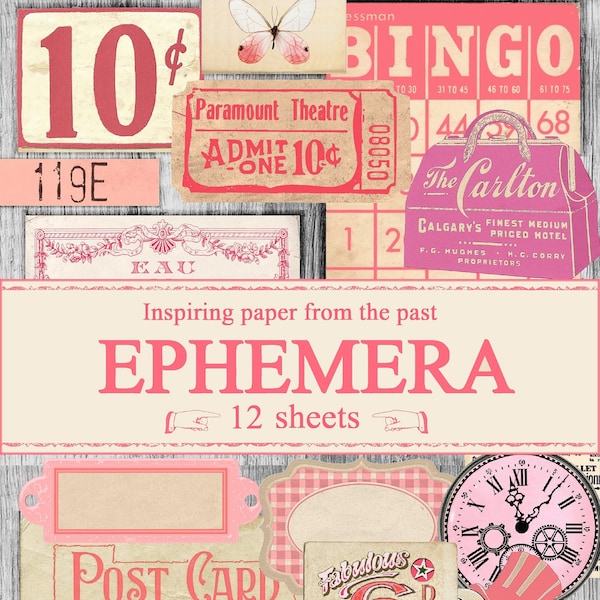 Pink Ephemera Pack instant download, printable, digital collage, diary / junk journal, altered art, mixed media, clipart