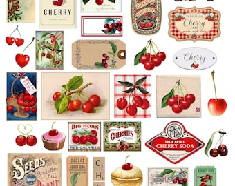 Cherry Digital Collage Sheet vintage fruits Clip artand ephemera PNG Included Cherry junk journal and scrapbooking