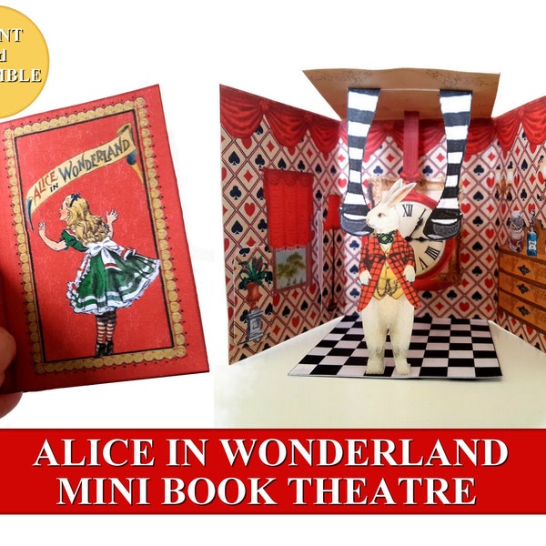 Alice in wonderland Mini Book Printable Pop Up Open Up Paper, scrapbooking, Mini Folio, Miniature, Allegradigital Instant download
