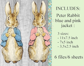 Digital collage sheet Peter Rabbit Beatrix Potter, Blue and Pink Jacket, Decoupage, Nursery Decor, Baby Shower, Cricut, Art JPG and PDF file