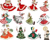 Vintage Christmas Girls 50's Fifties Clipart Clip Art Digital Collage Sheet Christmas Scrapbooking for Card Making Decoupage Paper PNG