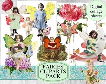 Puede incluir: Hojas de collage digital con hadas con alas, flores y una luna creciente. El texto "Fairies Cliparts Pack" está en un óvalo verde.