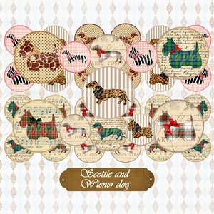 May include: Twelve round paper cupcake toppers featuring images of Scottie dogs and Dachshunds. The toppers have a vintage aesthetic with plaid, polka dot, and striped patterns. The text "Scottie and Wiener dog" is printed on a brown label below the toppers.