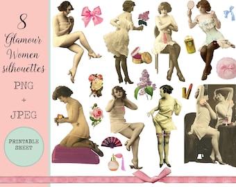 Vintage Women Clipart Digital Collage Sheets – Elegant Ladies in Babydoll, Teddy, and Glamour Clothing