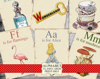 ABC Alice in Wonderland Junk Journal – Printable Alphabet Flash Cards & Ephemera