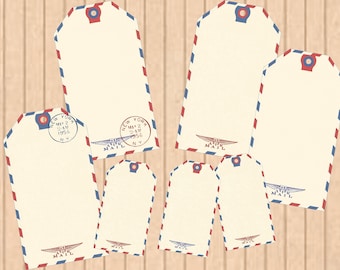 May include: Set of six vintage-style airmail tags with red, white, and blue stripes. The tags have a blank space for writing and a red, white, and blue airplane logo with the words "Air Mail".