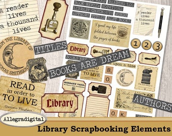 Library Scrapbooking Elements Printable Scrapbooking junk journal library book embellishments ephemera digital download sheet