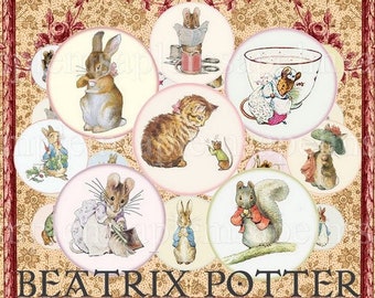 1 + 1.2 inch circle Peter Rabbit and friends Beatrix Potter Set of 24  pocket mirrors tags scrapbook cupcake topper Digital collage sheet