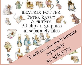 30 Peter Rabbit and Friends Clip Art Transparent PNG Files Instant Download, Beatrix Potter Transparent Art Images Digital collage sheet