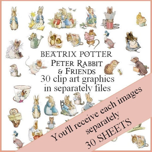 30 Peter Rabbit and Friends Clip Art Transparent PNG Files Instant Download, Beatrix Potter Transparent Art Images Digital collage sheet