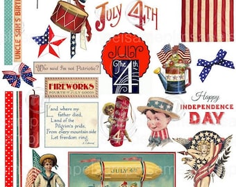 July 4th Digital Collage Sheet, 4th of July Clip art, Patriotic Day PNG, american flag, fireworks Clip art, Independance Stickers