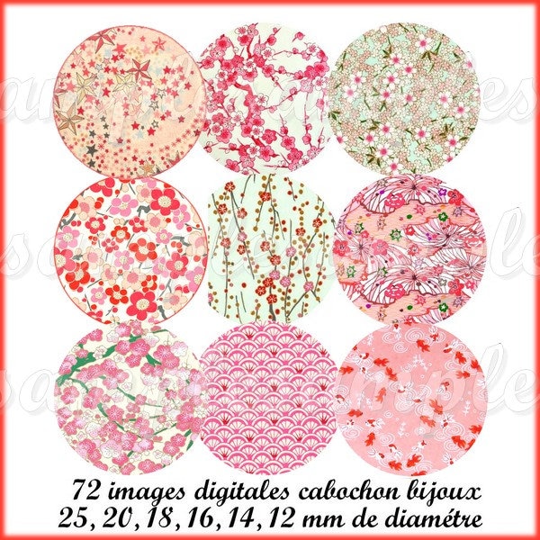 images digitales cabochon fleur japonaise rose rouge Sakura washi chiyogami images bijoux images à imprimer fleurs japonaise, vague