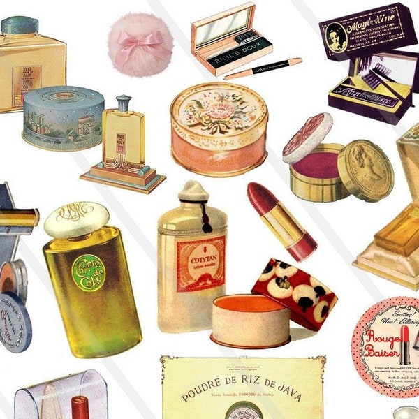 Images digitales vintage maquillage parfum, clipart vintage pour carte scrapbooking PNG JPEG junk journal journaling spot