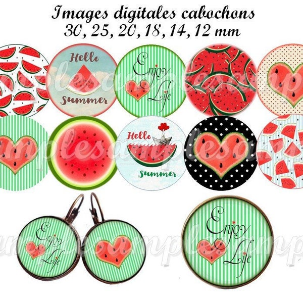 Images digitales pour bijoux cabochon * Pastèque * rouge vert fruit été