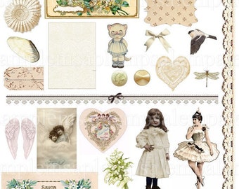Digital Collage Sheet Pretty in White Images Instant Download, PNG Included Vintage images, vintage clip art Ephemera junk journal scapbook