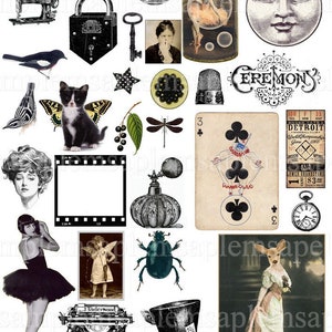 Printable Black clipart and Ephemera "Pretty in Black" Vintage images for junk journal scrapbooking , PNG Included