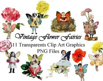 Vintage Flower Fairies Clip Art Transparent PNG Files Instant Download, Transparent Art Images Digital collage sheet Fairies butterflies