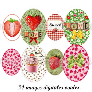 images digitales cabochon ovale fraise, images ovales, fruit,image pour bijoux, cabochon ovale, collage digital images fraise été