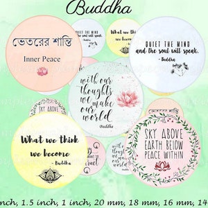 Buddha quotes Digital collage sheet circles Lotus, OM Symbol 1 inch Circles Affirmation, Printable Digital Images, buddhism, Yoga Meditation