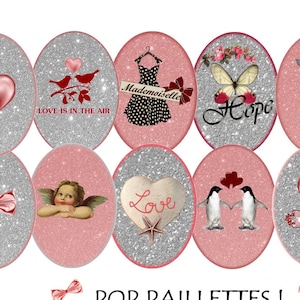images digitales cabochon ovale Paillettes, images ovales, rose argenté image pour bijoux, cabochon, collage digital