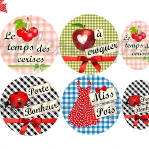 May include: Set of 10 round, colorful, digital images featuring various designs. The designs include a red ladybug, a red dress, a red apple, and cherries. The images are perfect for creating jewelry with cabochons.