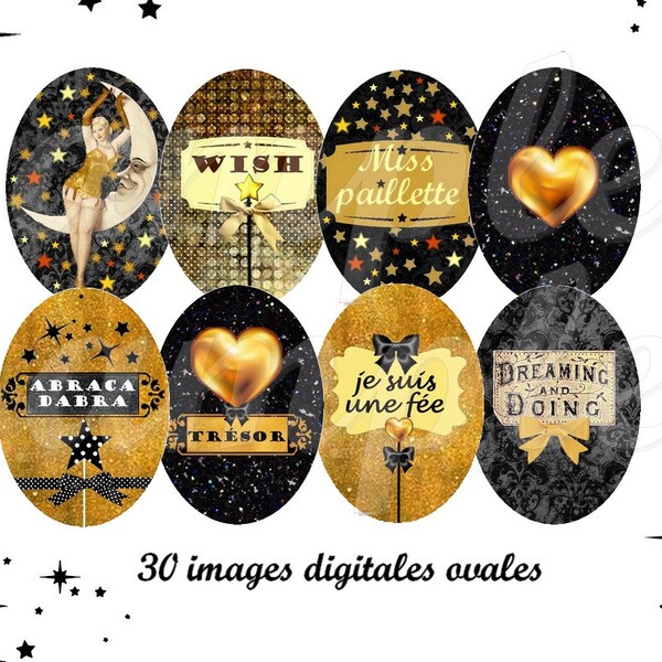 images digitales cabochon ovale Paillettes, images ovales, doré, or, coeur, étoile, lune, image pour bijoux, cabochon, collage digital