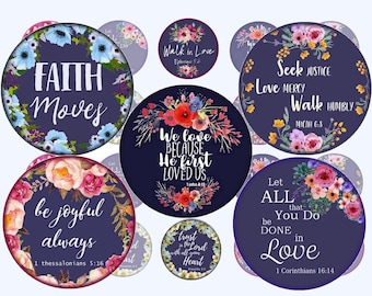 Bible verses digital collage sheet 1 + 1.2 + 1.5 inch (25, 30, 38 mm) circles Printable scripture circles Faith